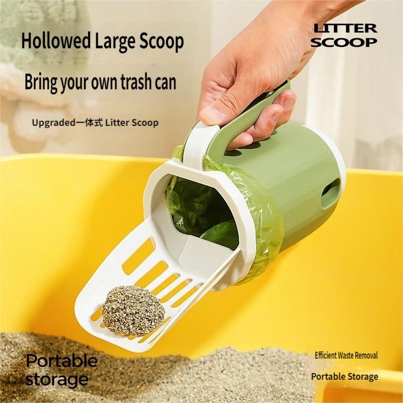Multi-Function Cat Litter Scoop With Built-In Trash Bin, Large Capacity Litter Scooper With Bag Storage, Dual Gap 6mm+8mm Sifter Scoop For Most Cat Litter, No-Mess Litter Box Cleaner With Ergonomic Handle