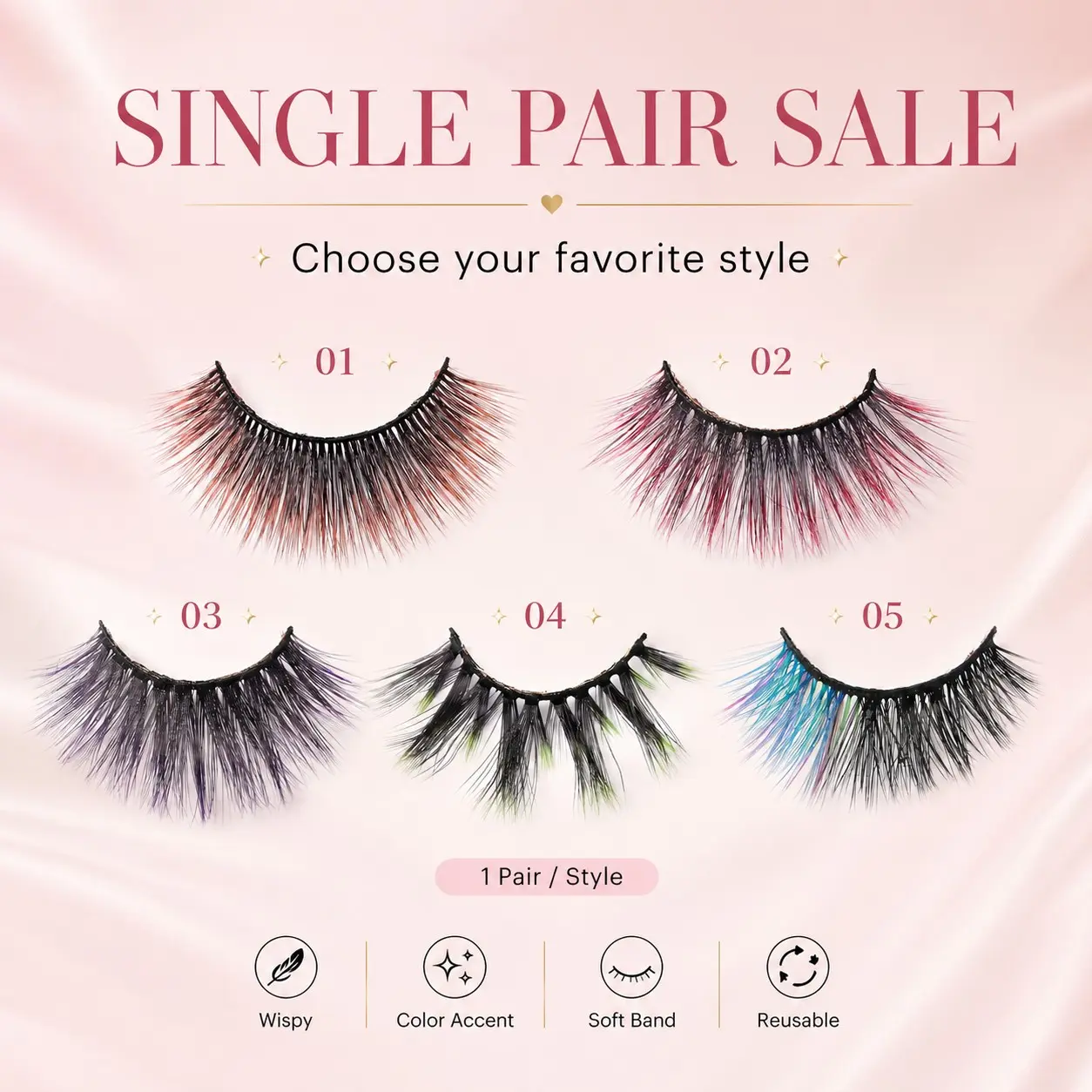 Colorful False Eyelashes 1 Pair, Gradient Colored Lashes, Lightweight Wispy Fake Eyelashes, Reusable for Party, Festival, Cosplay, Halloween