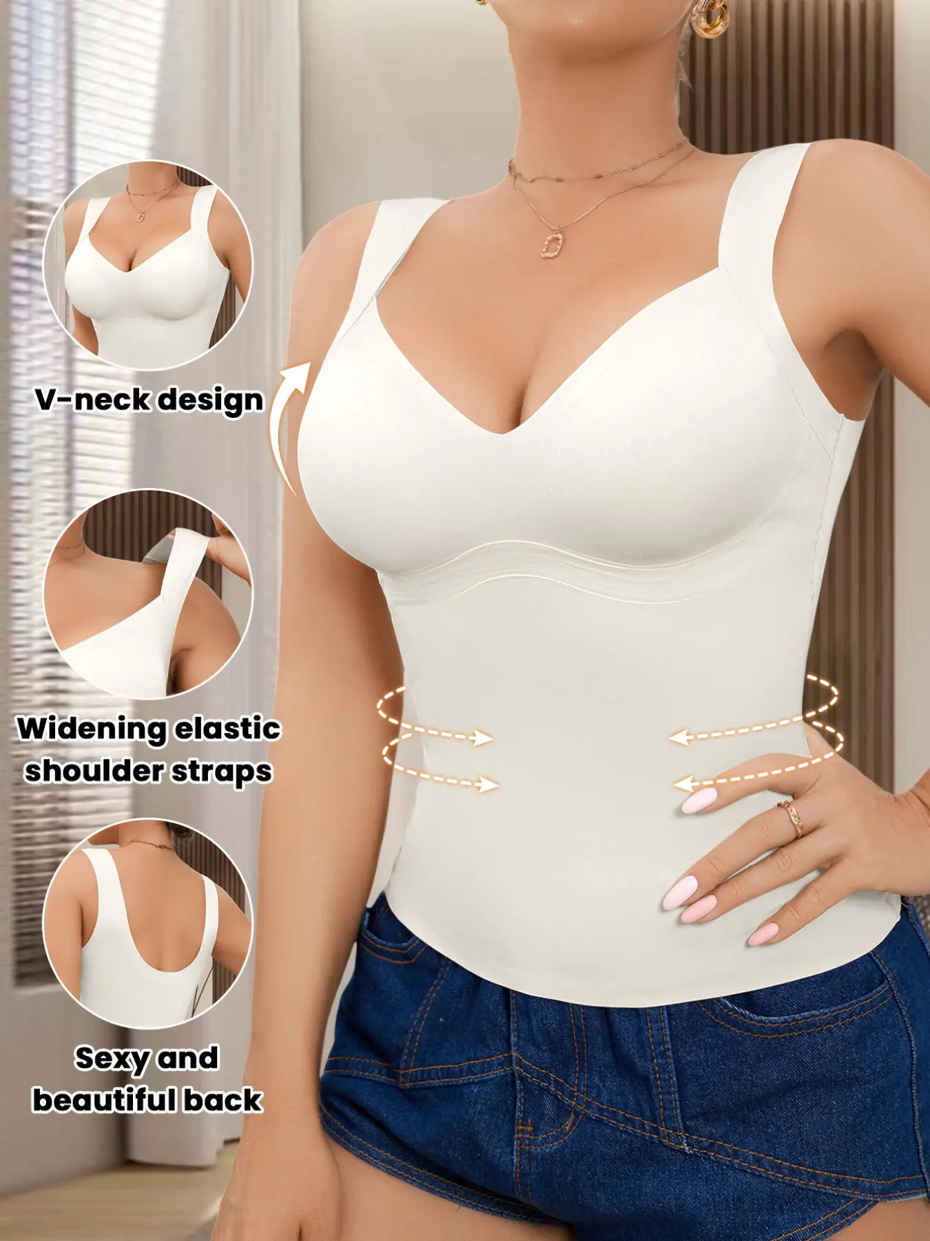 Women's Seamless Shapewear Top, Waist Cinching Belly Control, Molded Cup, Minimalist Vest, Casual Daily Wear, Home Use