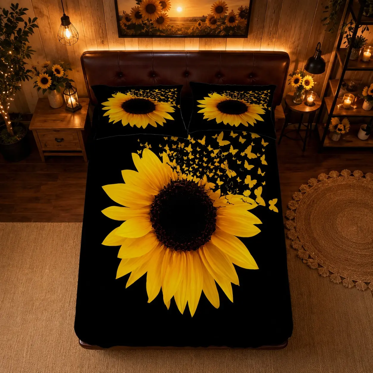 3Pcs Sunflower Fitted Sheet Set, Black Base Floral Butterfly HD Digital Print Microfiber Bedding, 1 Fitted Sheet + 2 Pillowcases Without Inserts, Modern Farmhouse Style for Bedroom Guest Room, Ideal Holiday Gift