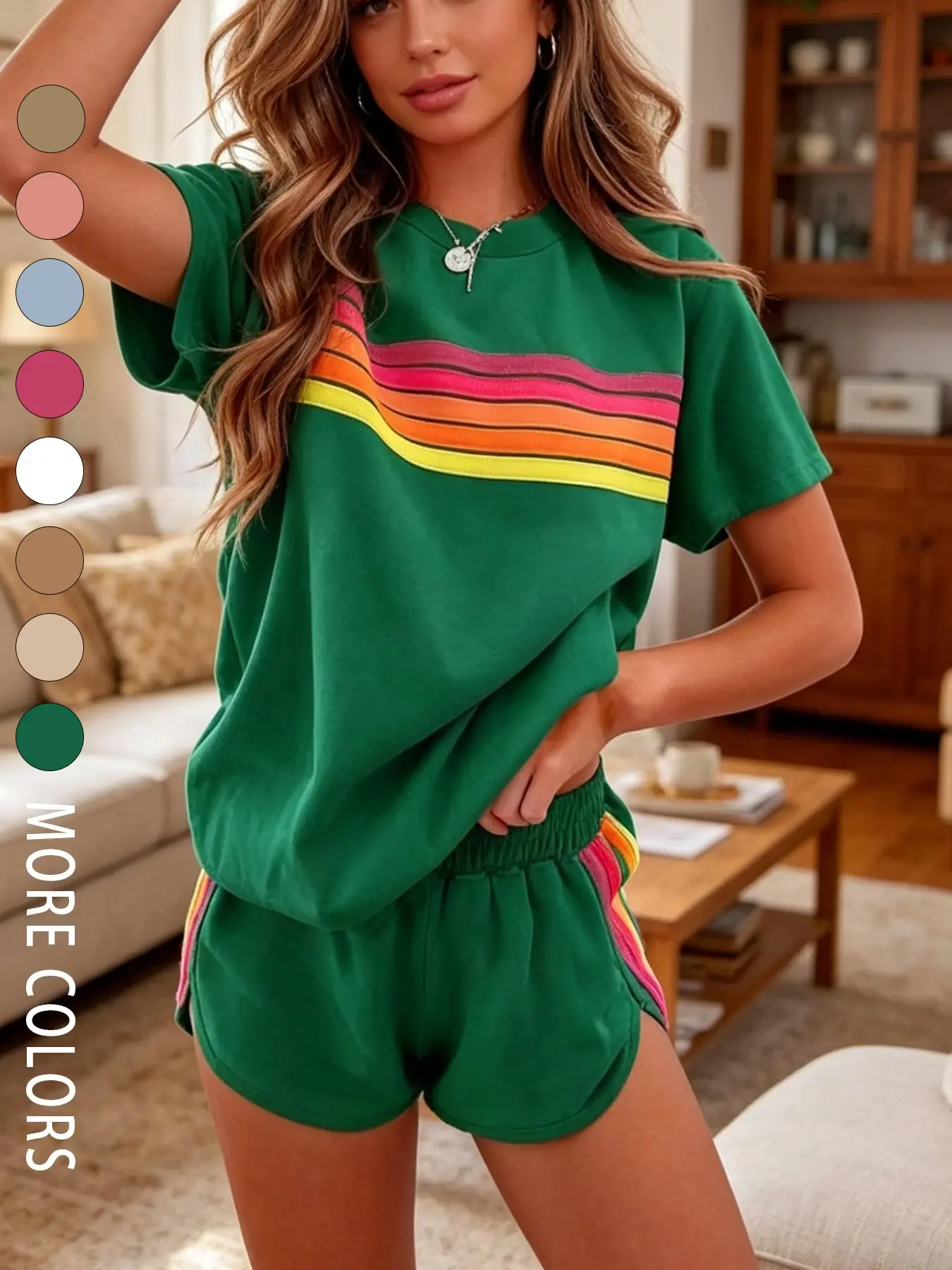 Two-piece Women's Summer Fashion Casual Loose Rainbow Striped Sportswear Set for Vacations, Indoor and Outdoor Wear, Casual Comfy Sporty