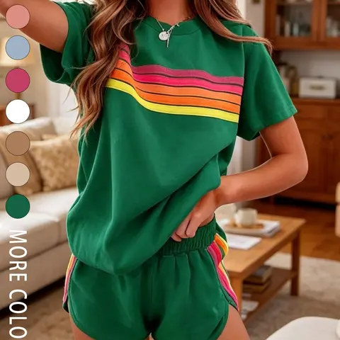Two-piece Women's Summer Fashion Casual Loose Rainbow Striped Sportswear Set for Vacations, Indoor and Outdoor Wear, Casual Comfy Sporty