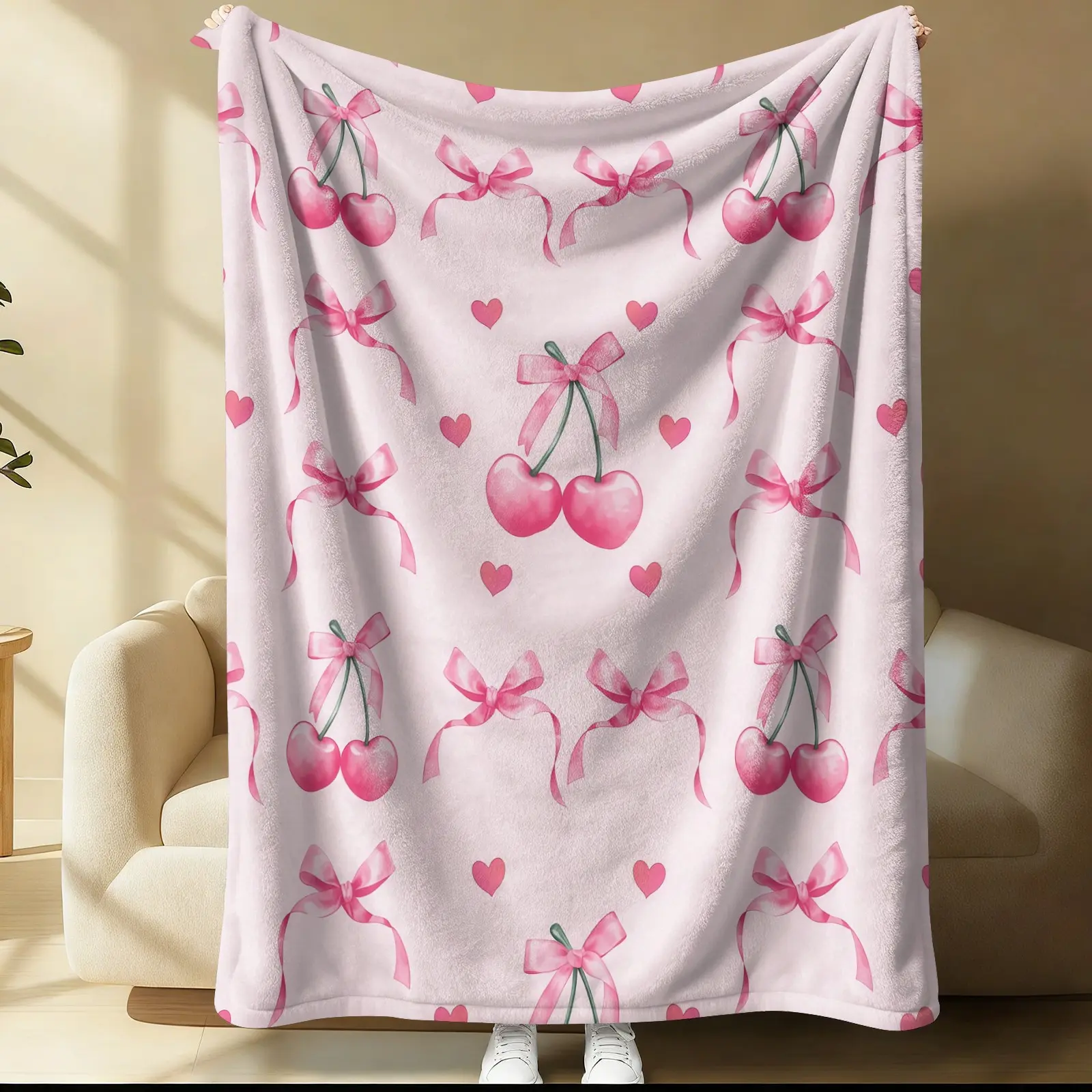 Bow Cherry Theme Blanket, 1 Piece Soft, Warm And Lightweight Single-Sided Printed Plush Blanket, Suitable For Bed, Sofa, Car, Room Decoration, Lightweight Flannel Blanket