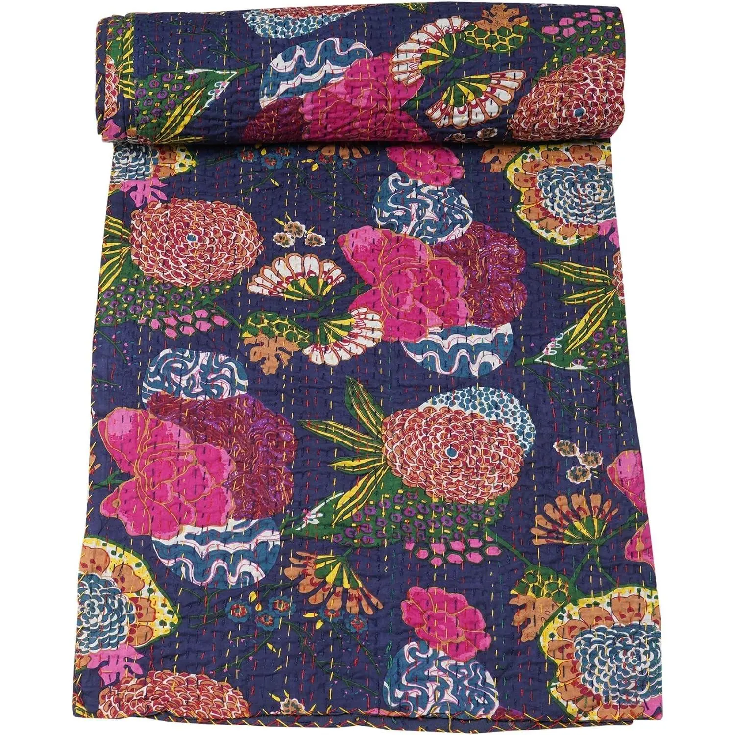 Quilts Indian Handmade Traditional Blankets Reversible Fruit Print Kantha Quilt Comforter Navy - Queen 90 x 108 Inches