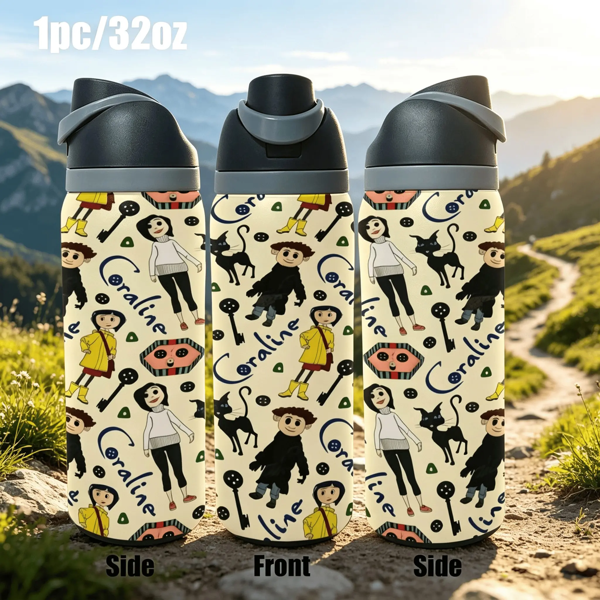 1pc 32oz Insulated Water Bottle, Coraline Character Print, Stainless Steel Sports Tumbler, Leak-Proof Flip Lid, Travel Cup for Hiking Camping
