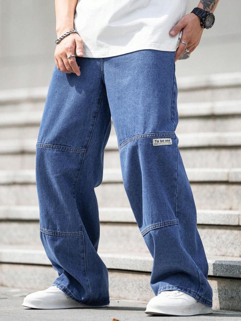 Men's Letter Patched Pocket Button Fly Wide Leg Jeans, Relaxed Fit Jeans, Loose Casual Style Denim Trousers for Daily Wear, Fashion Men's Bottoms for All Seasons, Jeans for Men, Cotton, Long Pants, Menswear