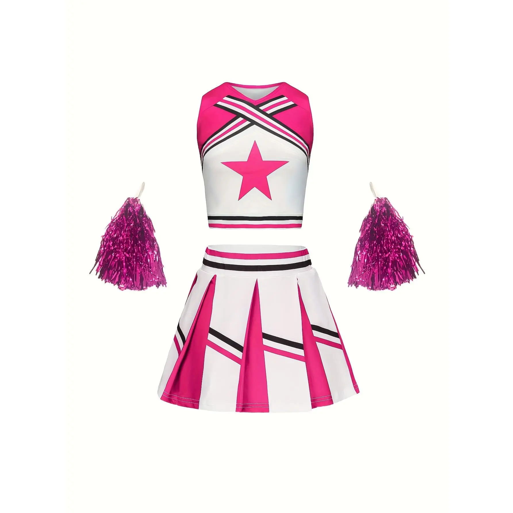 Girls' Sports Day Star Cheerleading 2-Piece Set - Polyester Clothes, Slim Fit, Geometric Design, Short Top & Skirt for Parties & Performances
