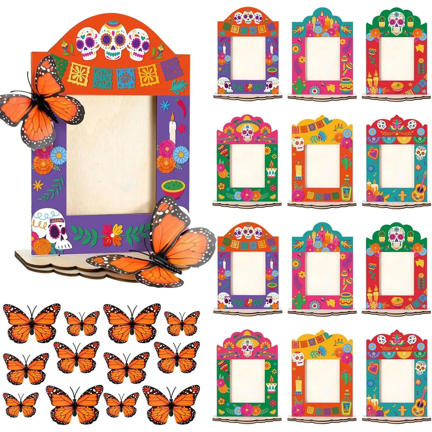34 count Day of The  Ofrenda Wooden Box Set DIY Dia De Los Muertos Decorations Include  Supplies 6 inch Marigold Garland with Light 20 Artificial Marigold Flower 12 Butterfly(Bright)
