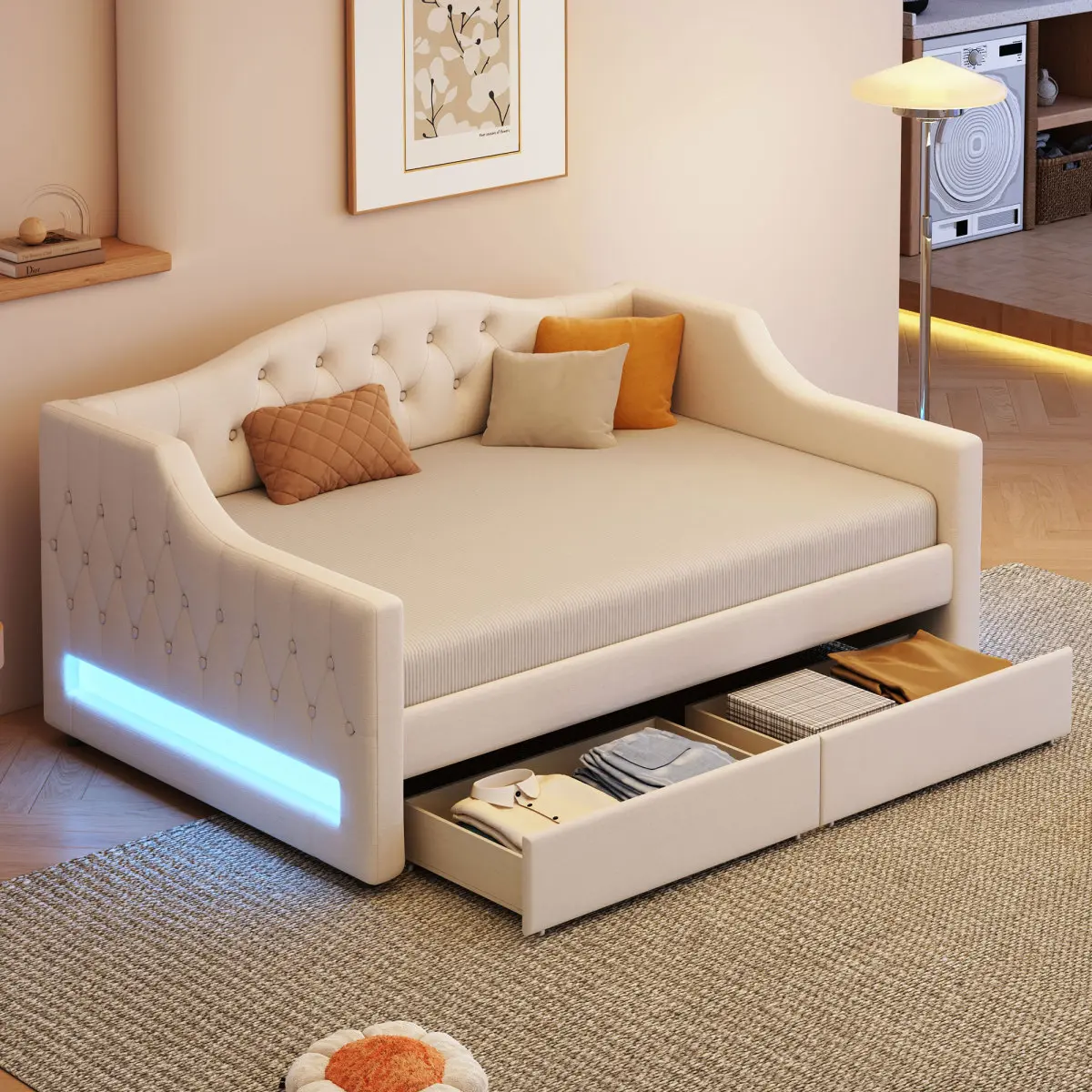 Upholstered Twin XL Size Daybed with LED Belt and 2 Drawers, Beige