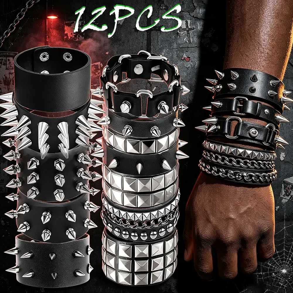 12Pcs Gothic Punk Faux Leather Bracelets Set Unisex, Spiked Stud Rivet Adjustable Button Wrap Cuff Wristbands, Rock Pop Jewelry Gift for Him Her, Halloween Party Accessories