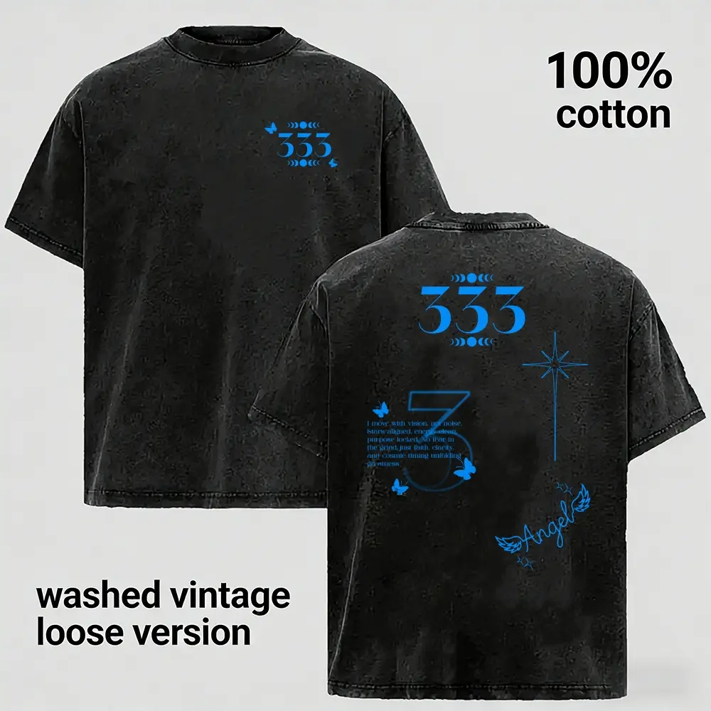 Distressed Faded Two Sides Blue 333 North Star Angel Wing Print Oversized 100% Cotton T-Shirt Men Loose Fit Casual Top Nice Gift For Retro Cosmic Spiritual Aesthetic Lovers