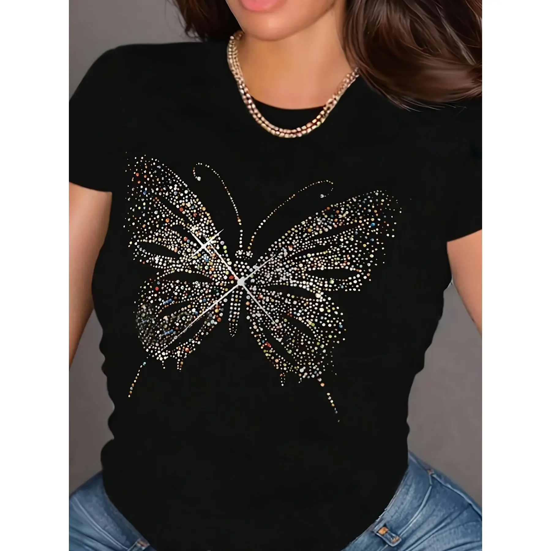 100% Cotton Women Round Neck Short Sleeve T-Shirt, Shiny Multicolor Rhinestone Butterfly Front Print Black Loose Casual Tee, Glam Sparkly Soft Breathable Summer Daily Party Top Gift