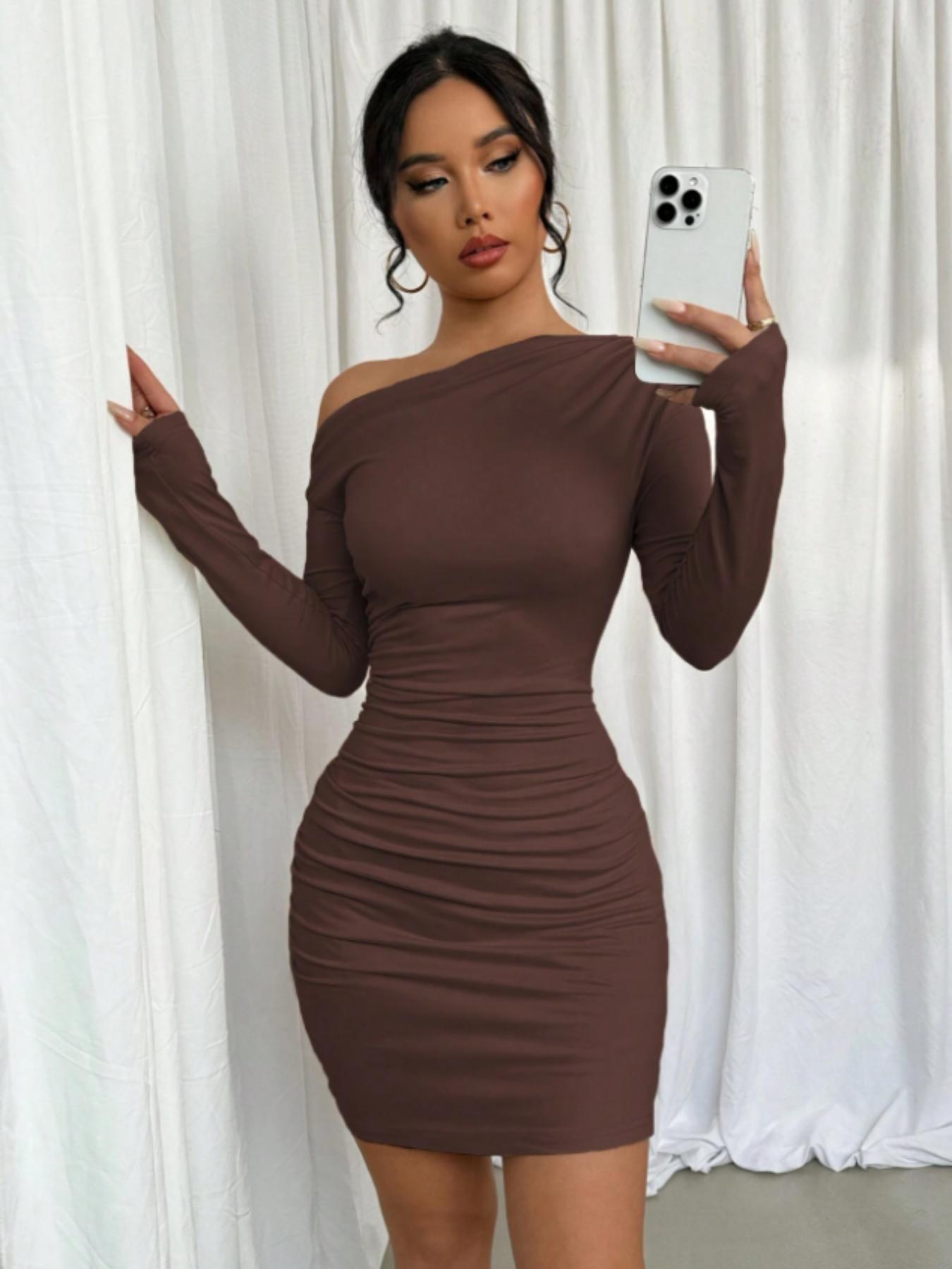 Elegant Asymmetrical Neck Long Sleeve Knit Dress, Pure Color Ruched Design, Women's Fashionable Formal for Special Occasions