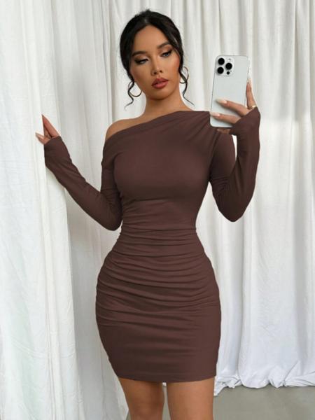 Elegant Asymmetrical Neck Long Sleeve Dress, Pure Color Ruched Design, Women's Fashionable for Special Occasions