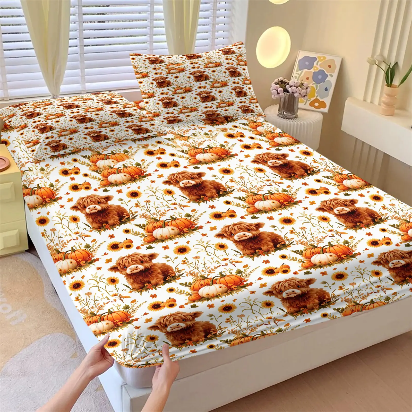 Highland Cow White Pumpkin Sunflower Floral Print Fitted Sheet Set & 2 Coreless Pillowcases, Autumn Countryside Bedding, Soft Breathable Non-Slip, Floral Pastoral Style Adult Bedroom/Kid's Room Decor