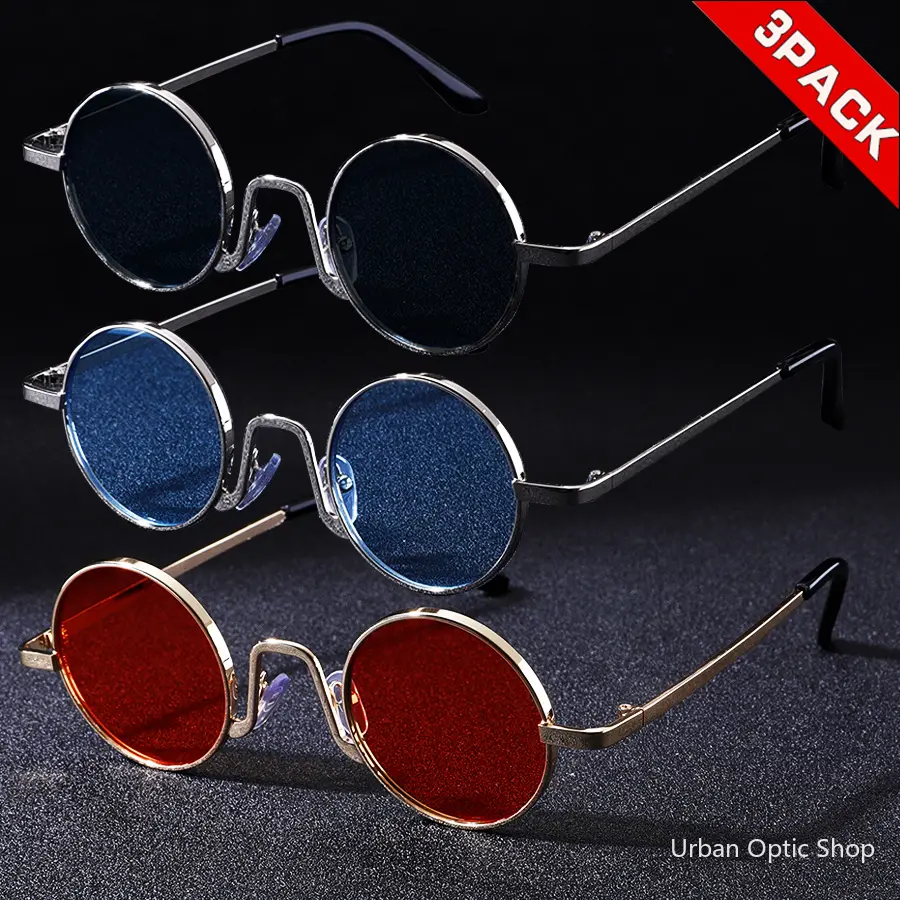 XUH 3-Pack Unisex Vintage Hippie Round Metal Frame Sunglasses - UV400 Anti-Glare Circle Lens Eyewear, Trendy Punk Disco Party Wear Statement Shades for Music Festivals, Beach Vacation