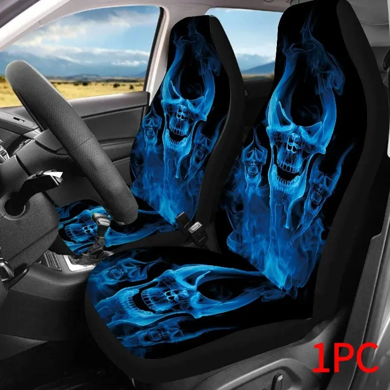 Blue Skull Print Car Seat Cover, Breathable Front Seat Cushion, Universal Fit for Most Cars, Trucks, Suvs, Durable Polyester, Halloween Theme