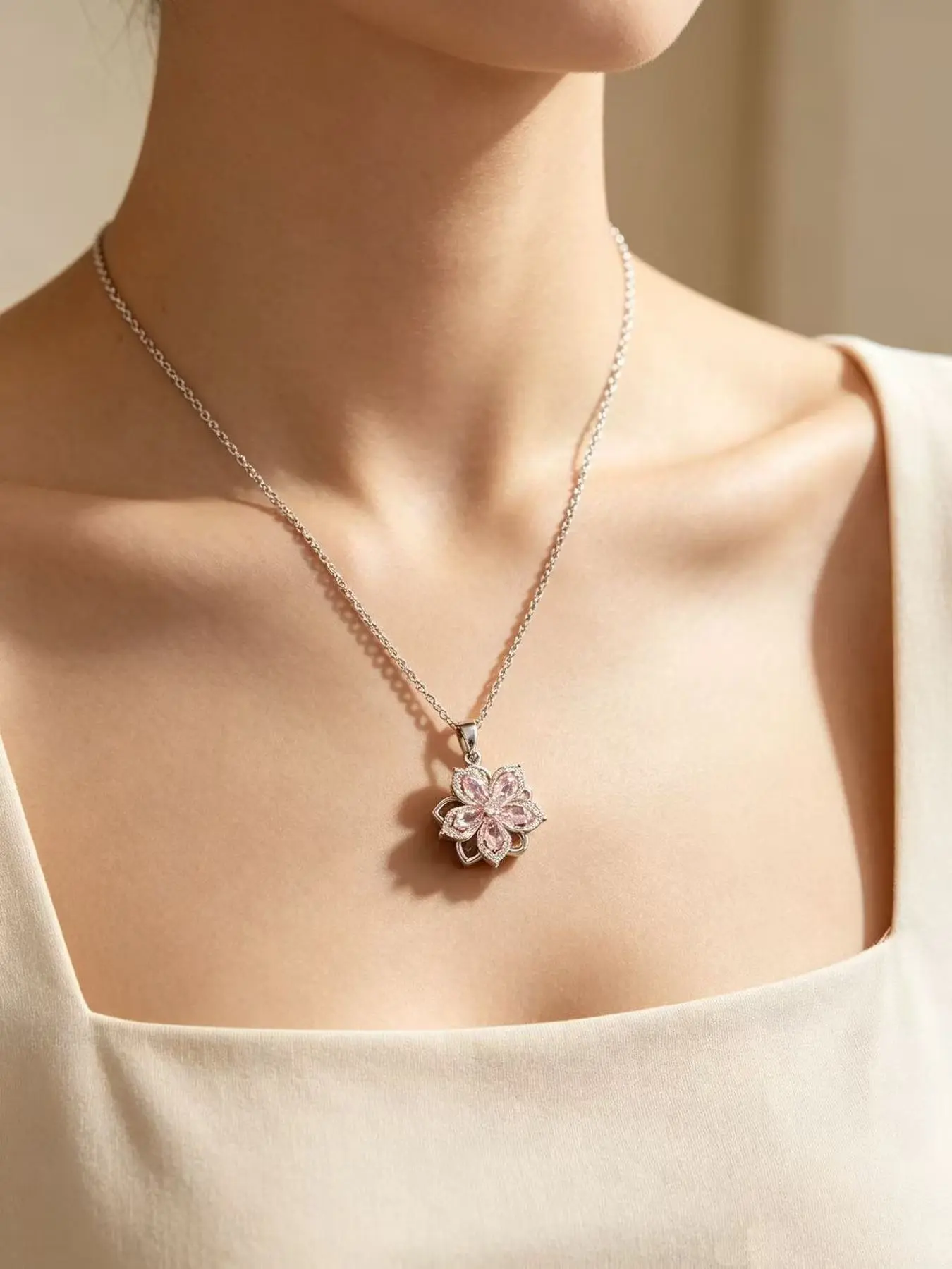 Rotatable Flower Zircon Necklace, Pink Sparkling Pendant Necklace, Silver Chain Dainty Jewelry Gift for Women