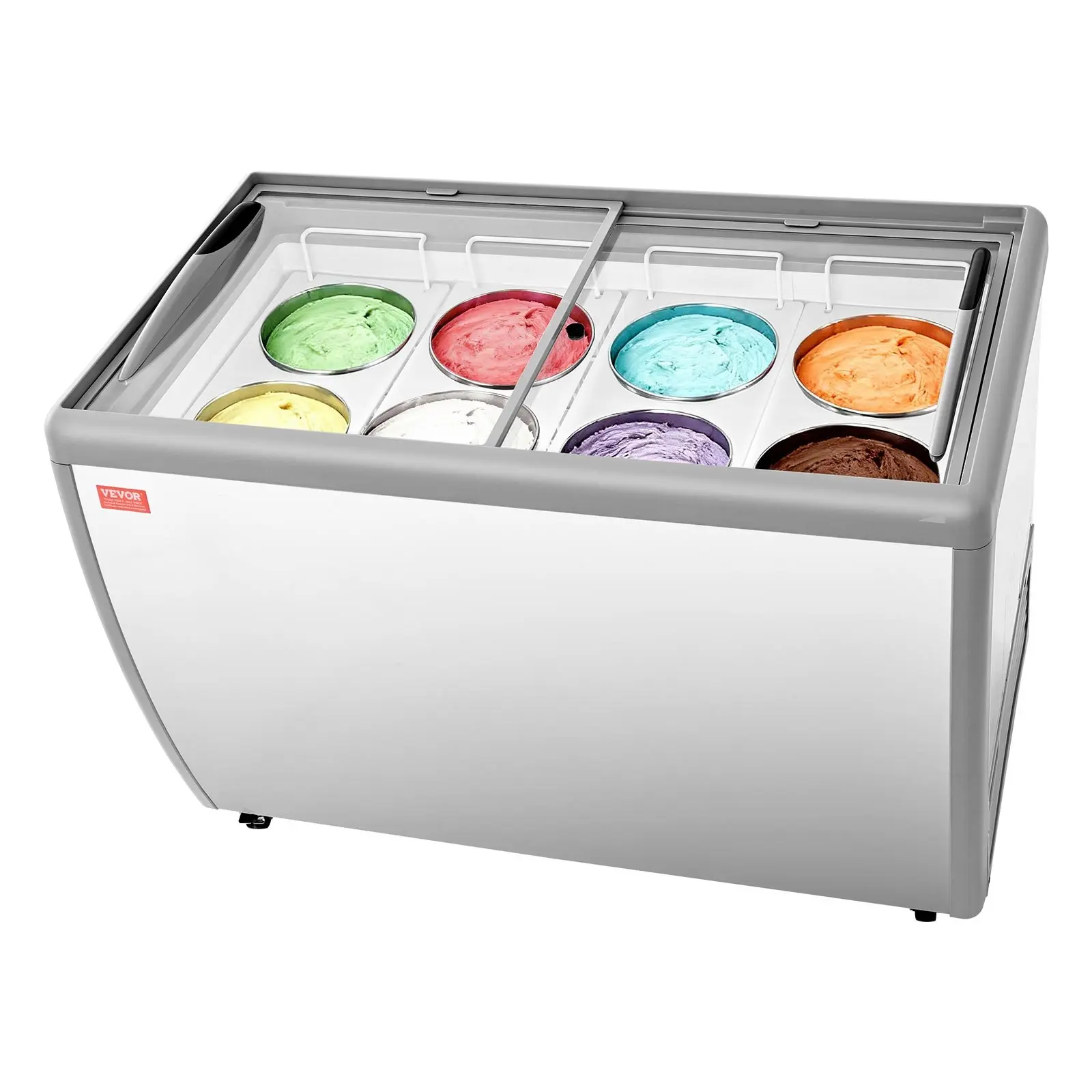 VEVOR Commercial Ice Cream Display Case, 13.1 Cu. ft Chest Freezer with Locking Casters, Sliding Glass Door, LED Lighting, Holder, Cabinet Top Fit, Holds 8 Tubs for Restaurants