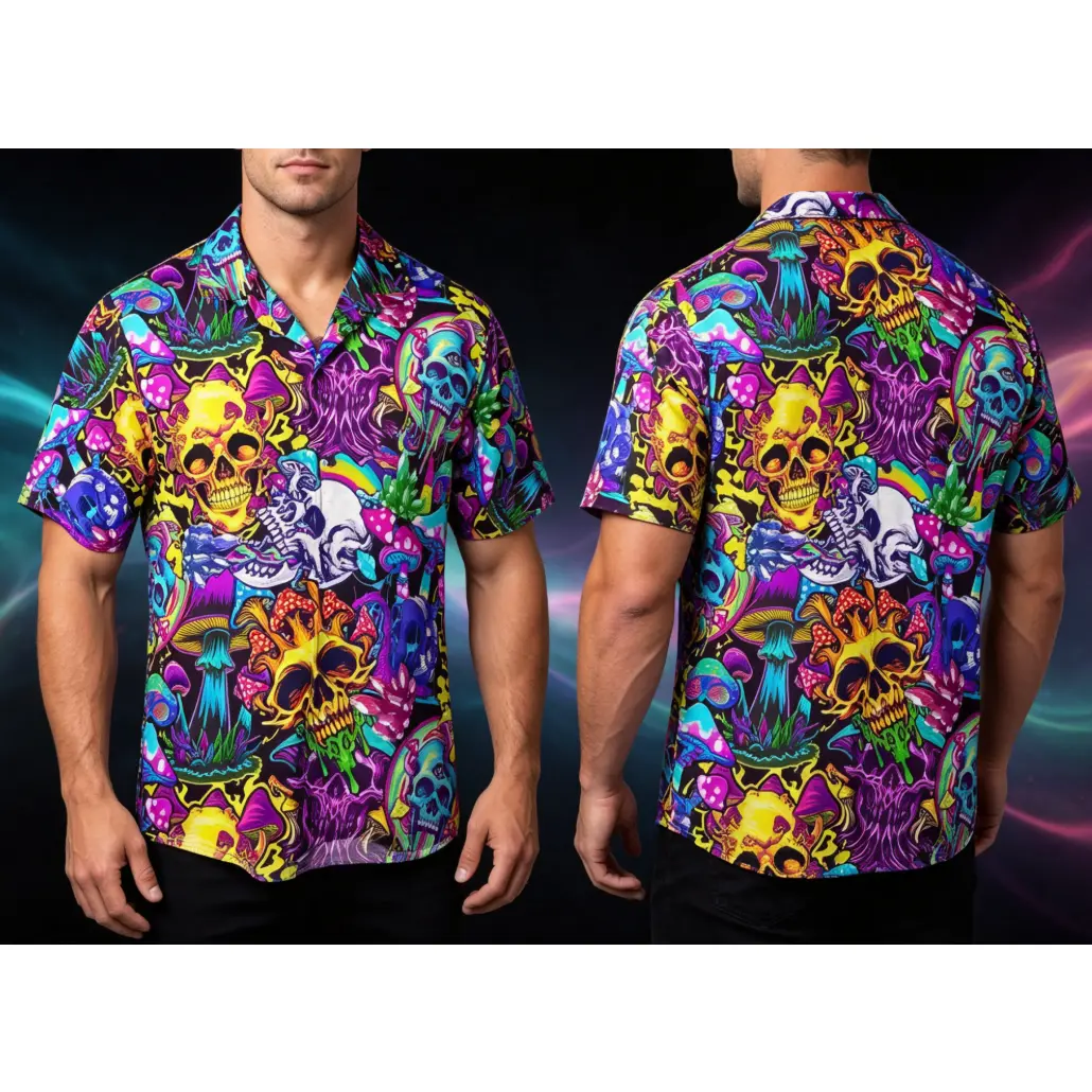 Men's Halloween Psychedelic Skull Hawaiian 2-Piece Outfit - Trippy Neon Mushroom Print Tops & Shorts, Tropical Classic Aloha Beachwear for Festival Day, Menswear