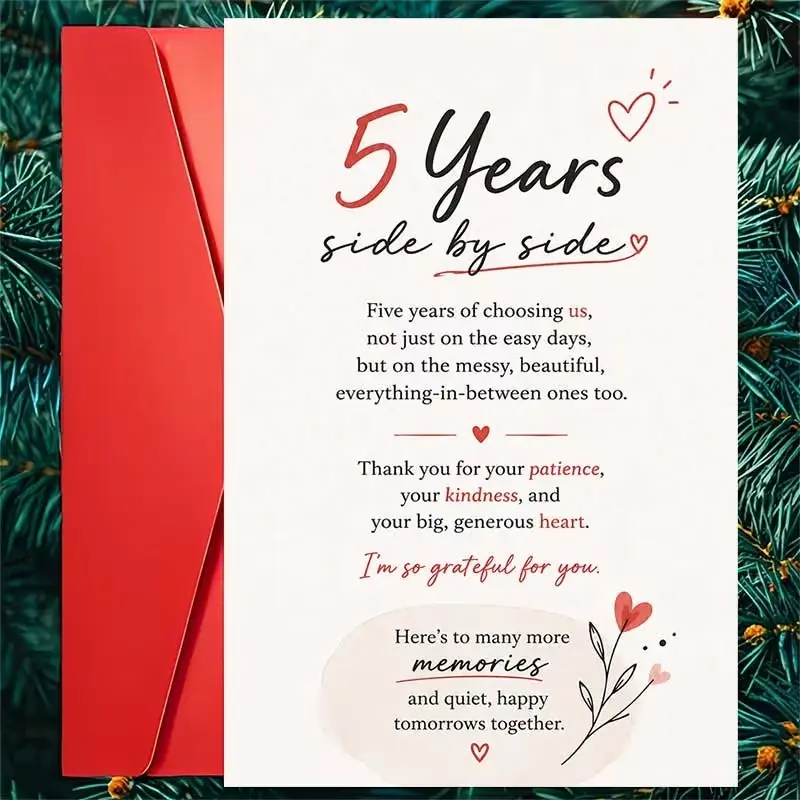 Romantic Anniversary Greeting Card with Heart and Floral Pattern, 5 Years Text, Minimalist Style, Includes Envelope, Perfect for Partner