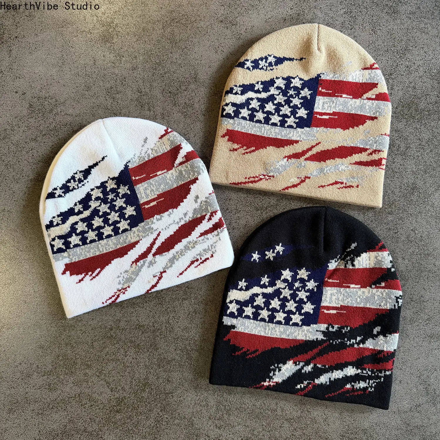 Unisex Acrylic Knit Beanie - Tattered USA Flag Slouch Skullcap, Cozy Warm Winter Thermal Headwear, Patriotic 4th of July Accessory Gift for Men and Women