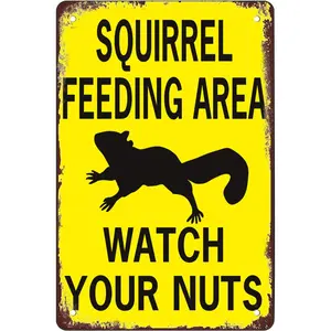 Vintage Aluminum Tin Funny Squirrel Feeding Area Sign - "Watch Your Nuts" 8x12in Rustic Home Decor Plaque, Outdoor Gift for Squirrel Lovers (Garden, Fence Use)