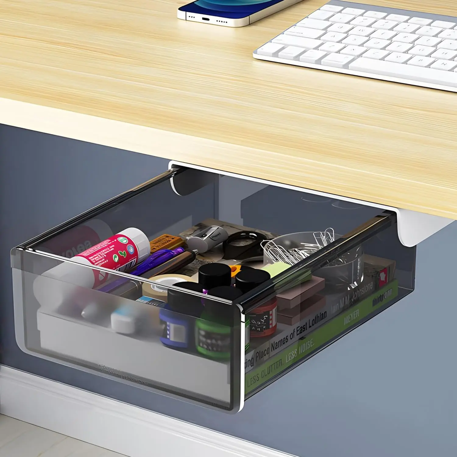 Under Desk Table Drawer Storage Organizer Slide Out, Attachable  Self-Adhesive Under Desk Pencil Tray Drawer for Office/Classroom/ (Clear Black/M)