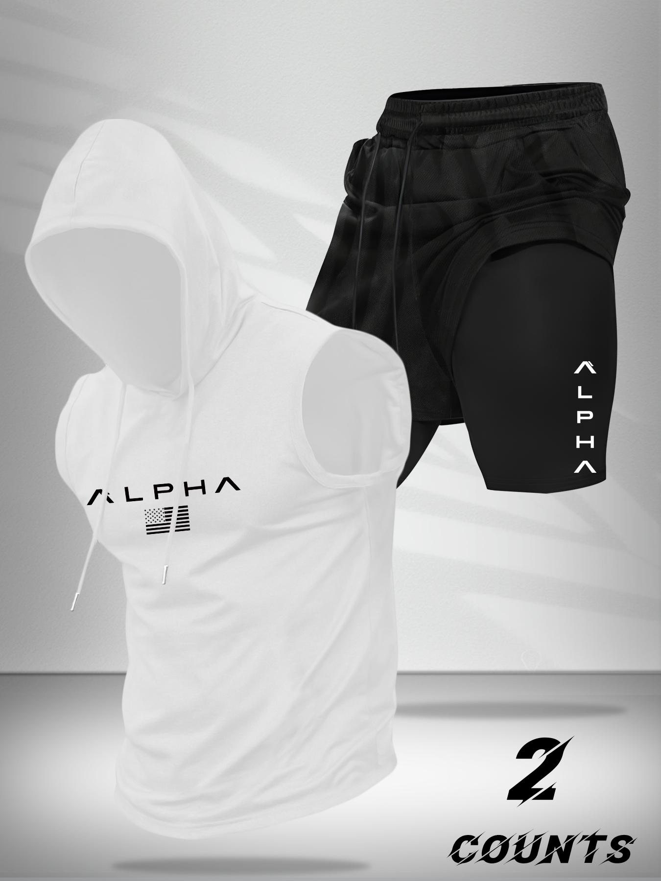 Hooded Vest and Gym Shorts Two-Piece Set, Casual Summer with Letter Pattern, Fitted Knitted Sportswear for Active Lifestyle, Sportswear Running Fitness, Workout Running Clothes, Streetwear Tracksuit Set