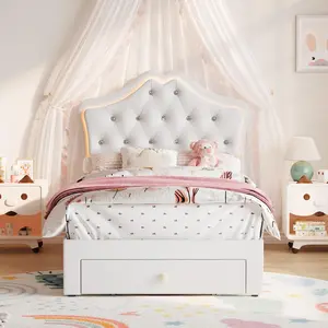 Twin/Twin XL Size  Upholstered Boy/Girl Platform Bed Frame with LED Lights & Velvet Crystal Button Headboard & Storage Drawer, Noise-Free, No Box Spring Needed for Kids & Teens