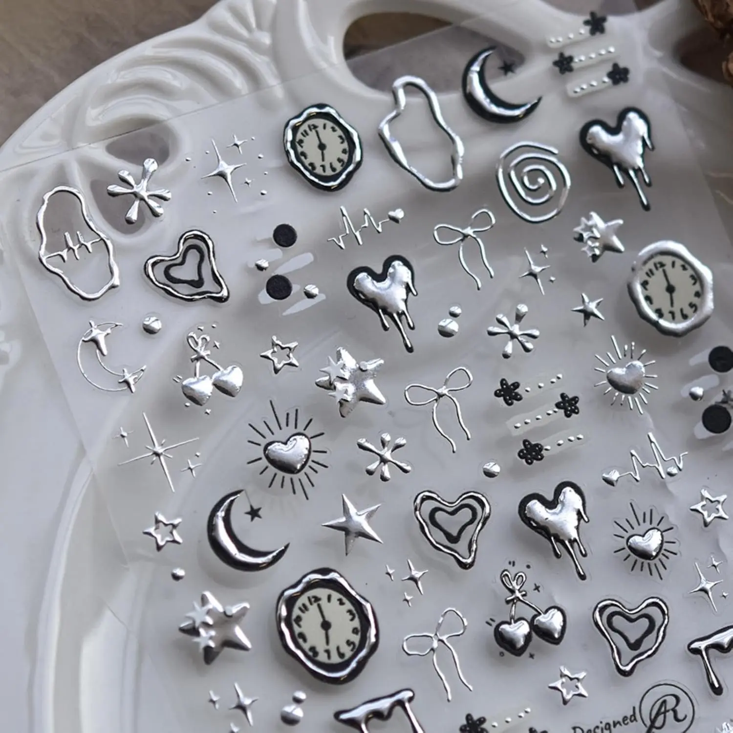 Silver Nail Art Stickers Heart Star Nail Decals with Metal Design 5D Embossed Self Adhesive Clock Nails Stickers Charms Supply for Women Manicure DIY Decorations