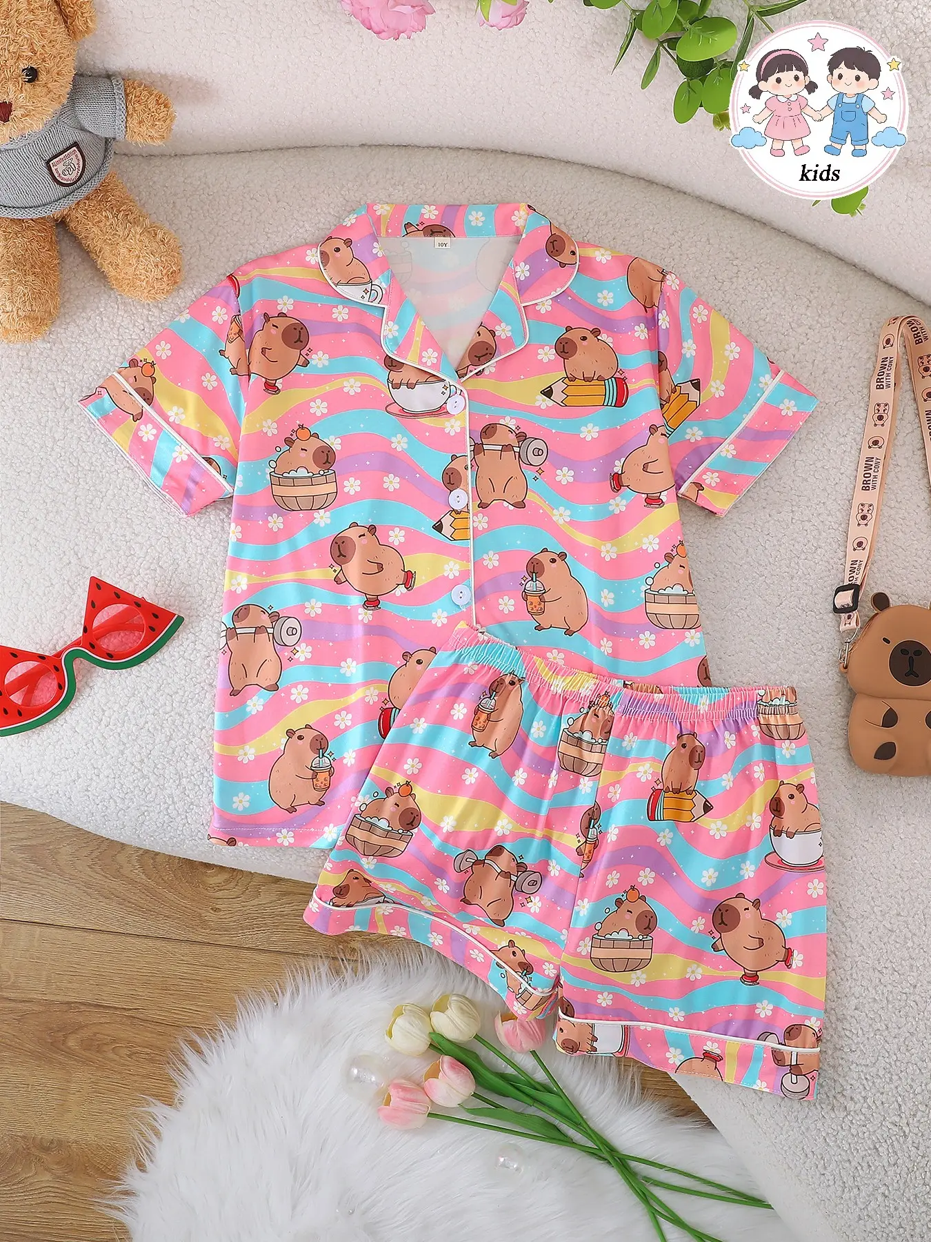 2-Piece Kids Flame-Resistant Pajama Set, Short Sleeve Button Front Jacket and Shorts, Cartoon Pattern, Cartoon Print Pajama, All Seasons, Girls Middle School Age