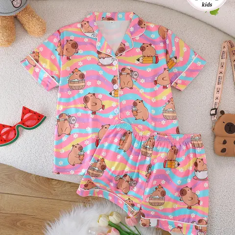 2-Piece Kids Flame-Resistant Pajama Set, Short Sleeve Button Front Jacket and Shorts, Cartoon Pattern, All Seasons, Girls Middle School Age, Cartoon Print Sleepwear