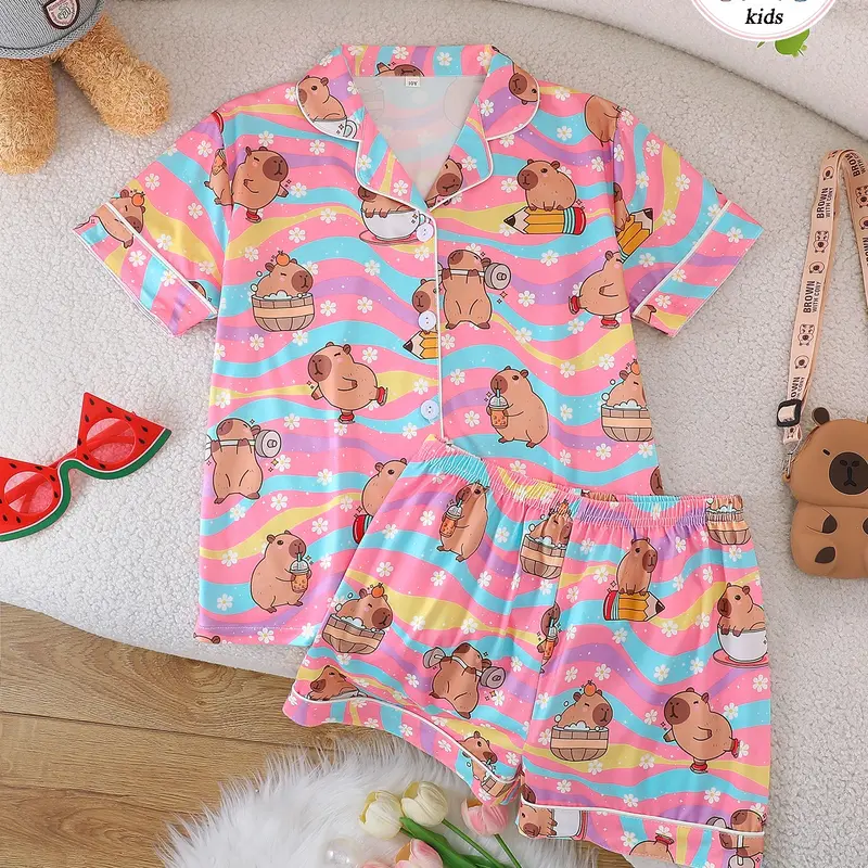 2-Piece Kids Flame-Resistant Pajama Set, Short Sleeve Button Front Jacket and Shorts, Cartoon Pattern, All Seasons, Girls Middle School Age, Cartoon Print Sleepwear