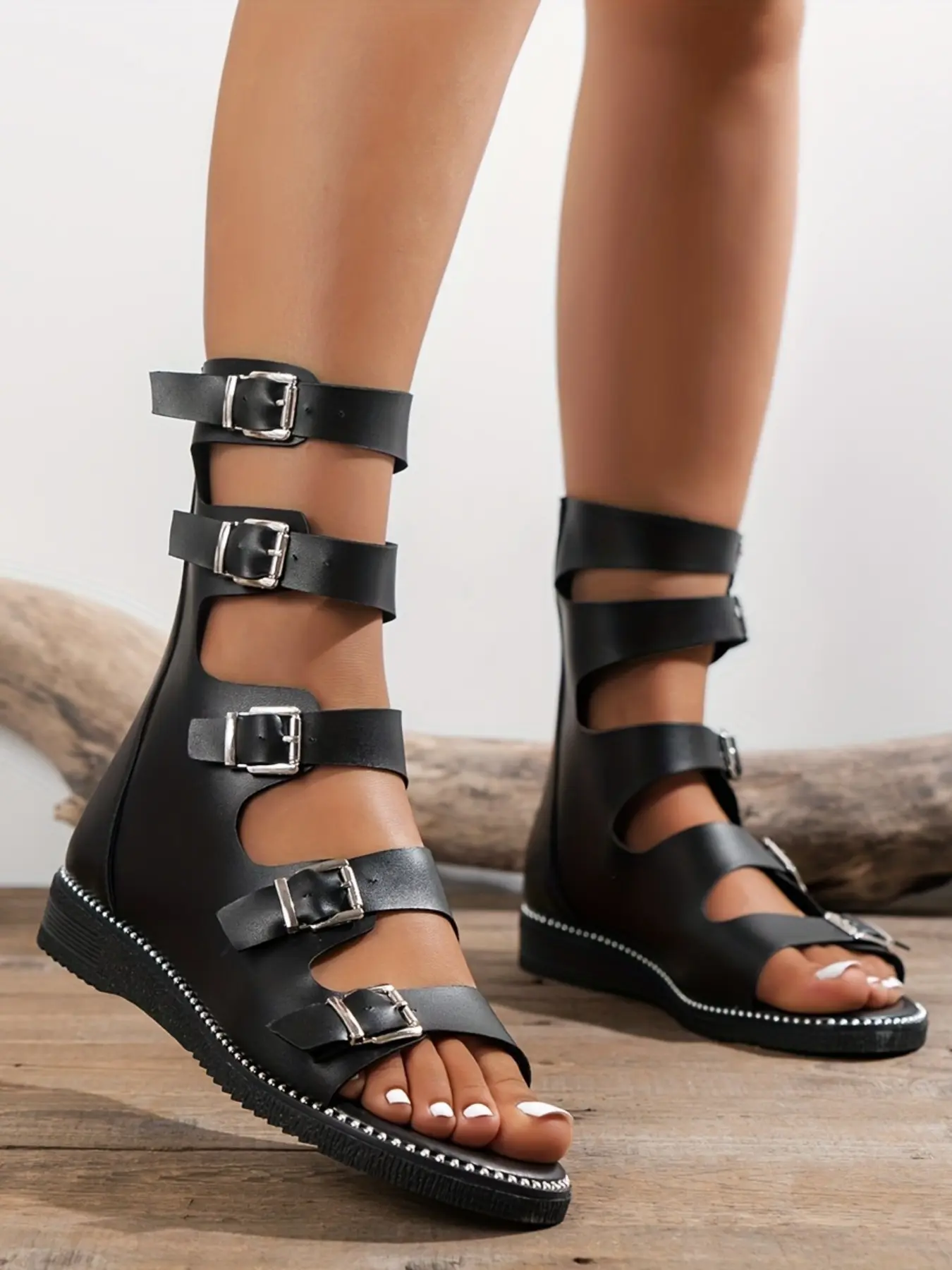 Summer Street Style Open-Toe High-Top Gladiator Sandals, Metal Buckle Hardware, Decorative Edge Outsole, Outdoor Casual Footwear