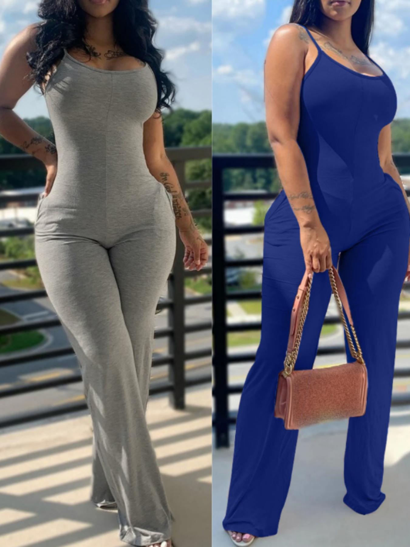 Women's Fashion Sleeveless Knit Bodycon Jumpsuit, Plain Color Pocket Design, Casual Summer, Tight-Fitting One-Piece Dress