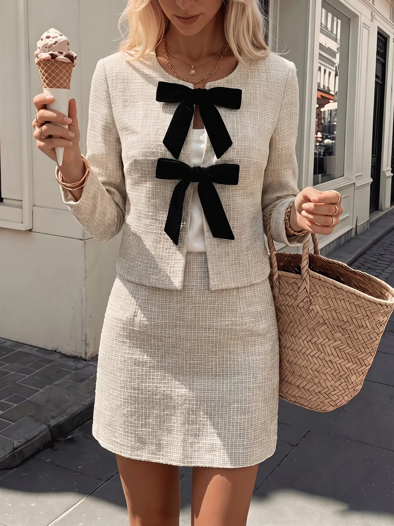 Tweed Bow Two-Piece Set, Short Jacket + Skirt, Fall & Winter Commuter Style, Elegant Slim-Fitting Women's, Plain Pattern