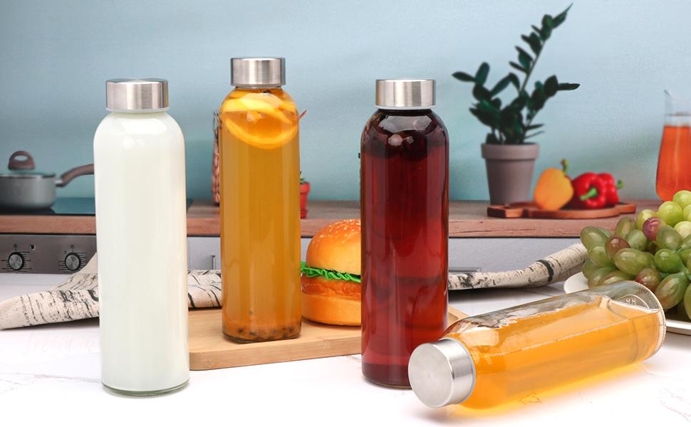 Brajttt Glass Juice Bottle with Lids,16oz Juicing Bottles Reusable, Clear Glass Water Bottles 16 oz with Stainless Steel Airtight Cap,Juice Beverage Container, Leak Proof,Set of 8