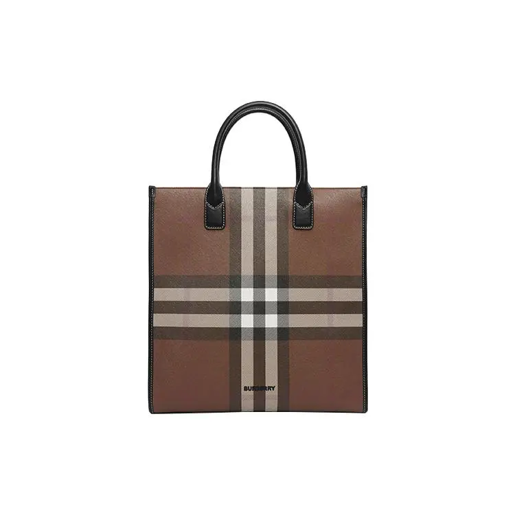 Burberry Check-Print Detachable Adjustable Strap Leather-Trimmed Tote Bag for Men, Large, Dark Birch Brown