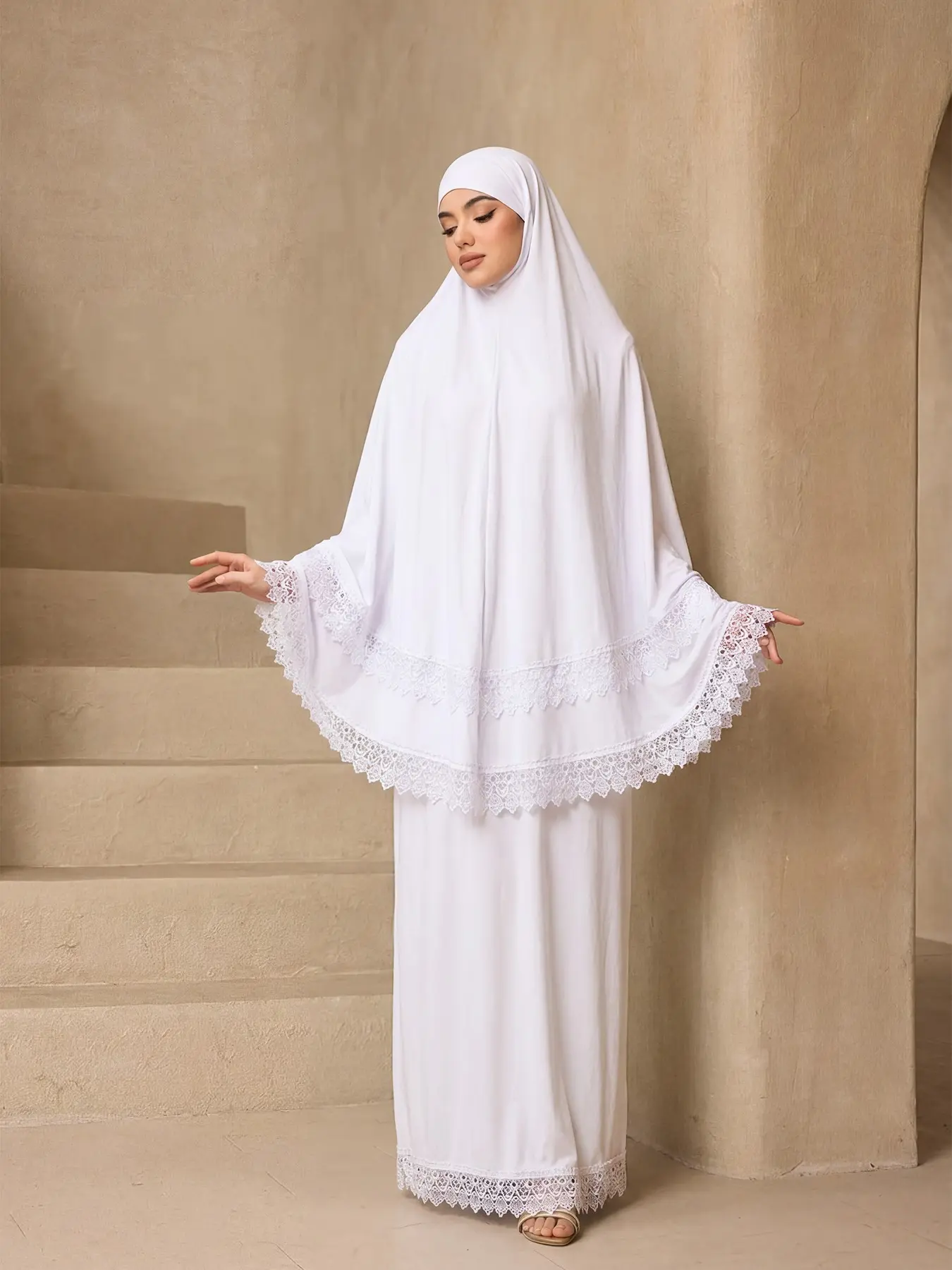 2-Piece Fashion Women's Muslim Solid Long Lace Edge Dress Shawl Set, Loose Fit Slimming, Casual, Versatile for Beach, Commute, Date Night