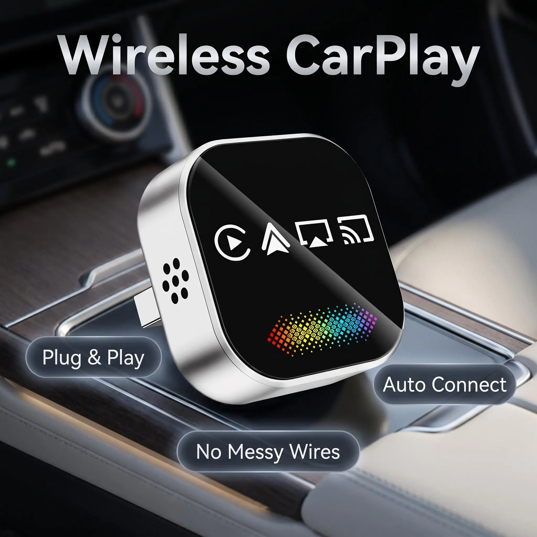 2026 Upgraded Wireless CarPlay Adapter (4-in-1) — Compatible with all vehicle models equipped with wired CarPlay; features low latency, automatic connection, and includes USB and Type-C adapters.