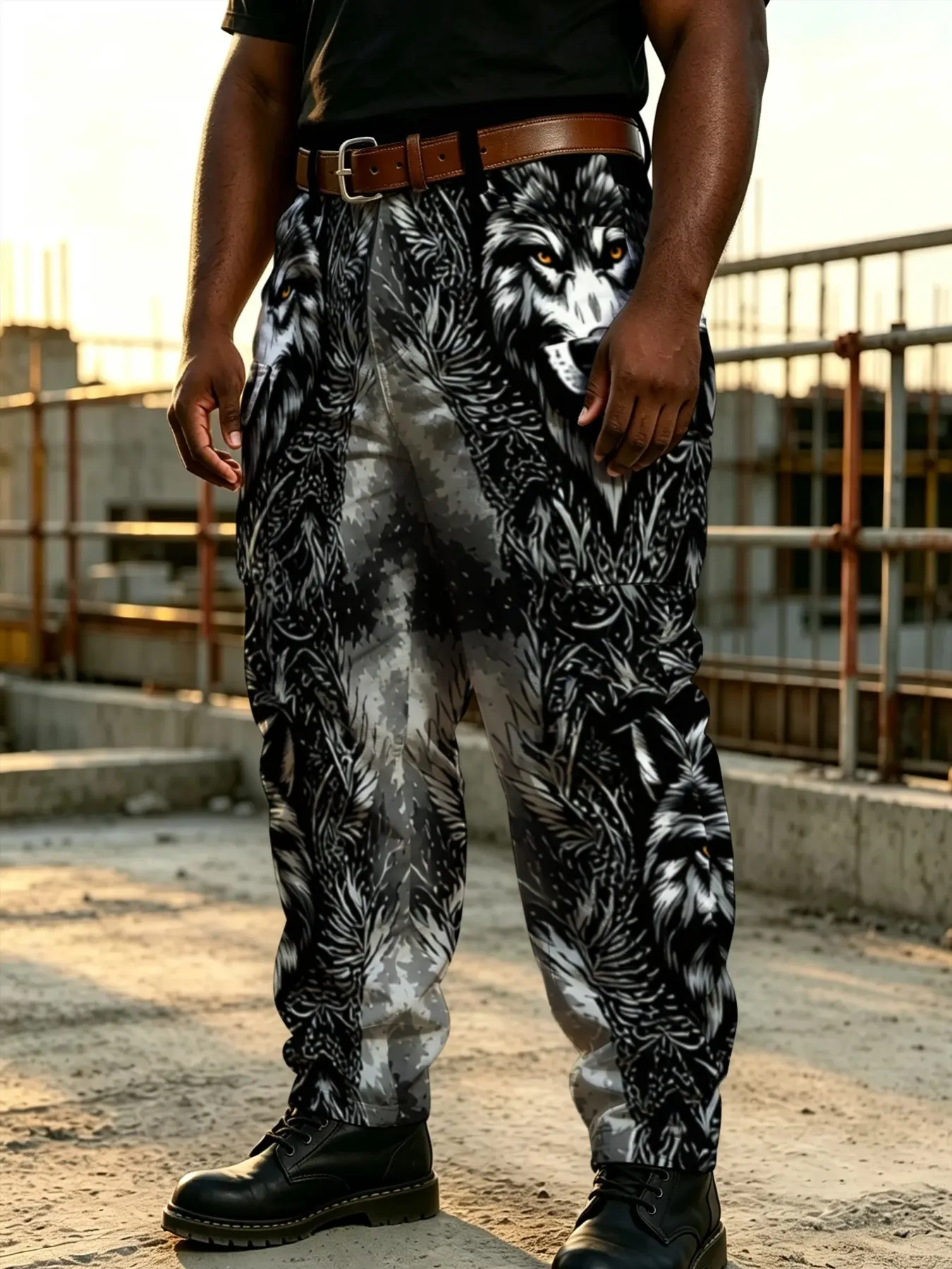 New Jungle Leaf Gold Eye Wolf King Full Print Work Pants, Wild Beast Jungle Print, Single Side 3D Work Pockets, Men's Wide Leg Casual Pants