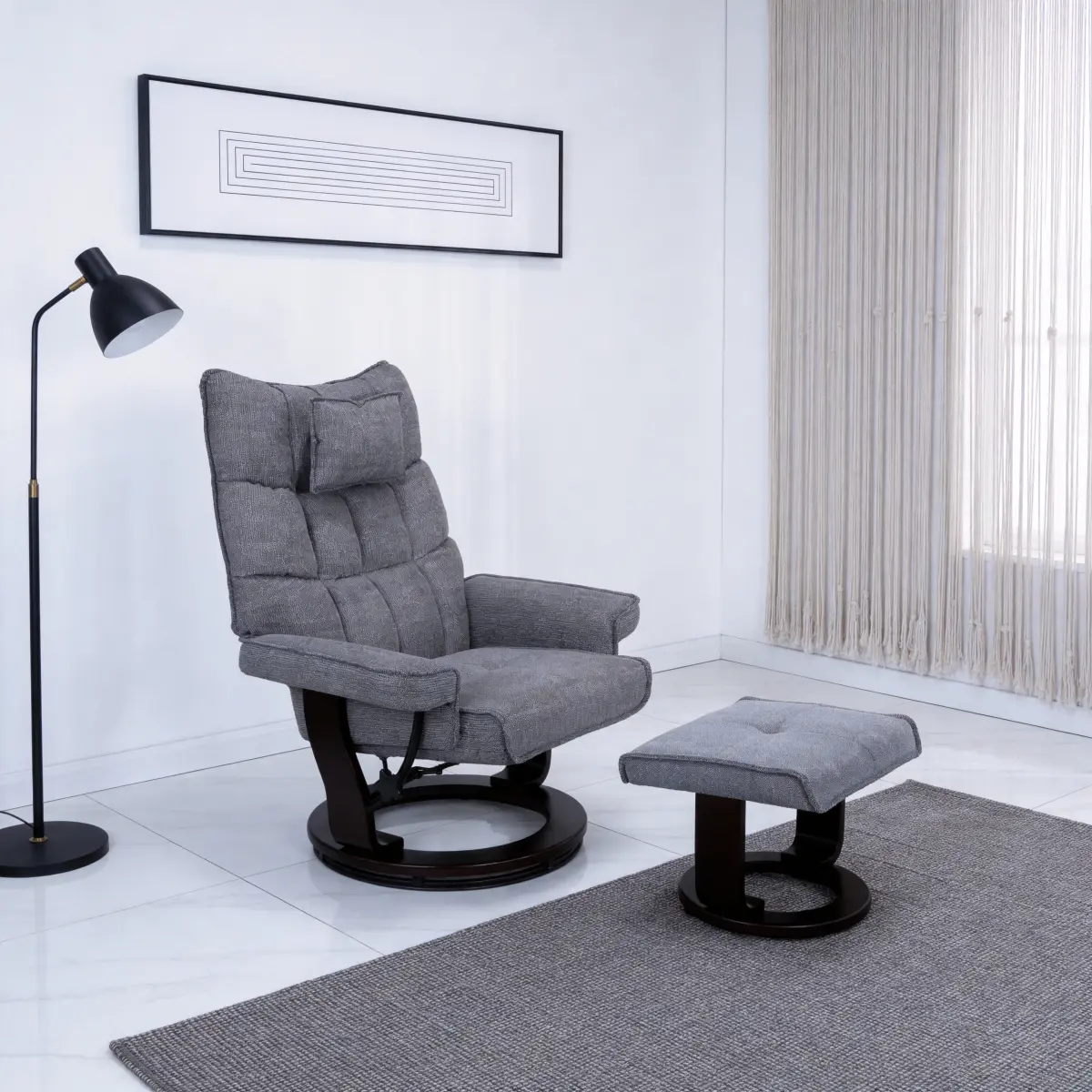 8-Point Massage Recliner with Ottoman, Heated Chenille Fabric  Reclining Chair, Bent Wood  Base, Indoor Lounge TV Chair with Footrest for Living Room and Bedroom, Grey