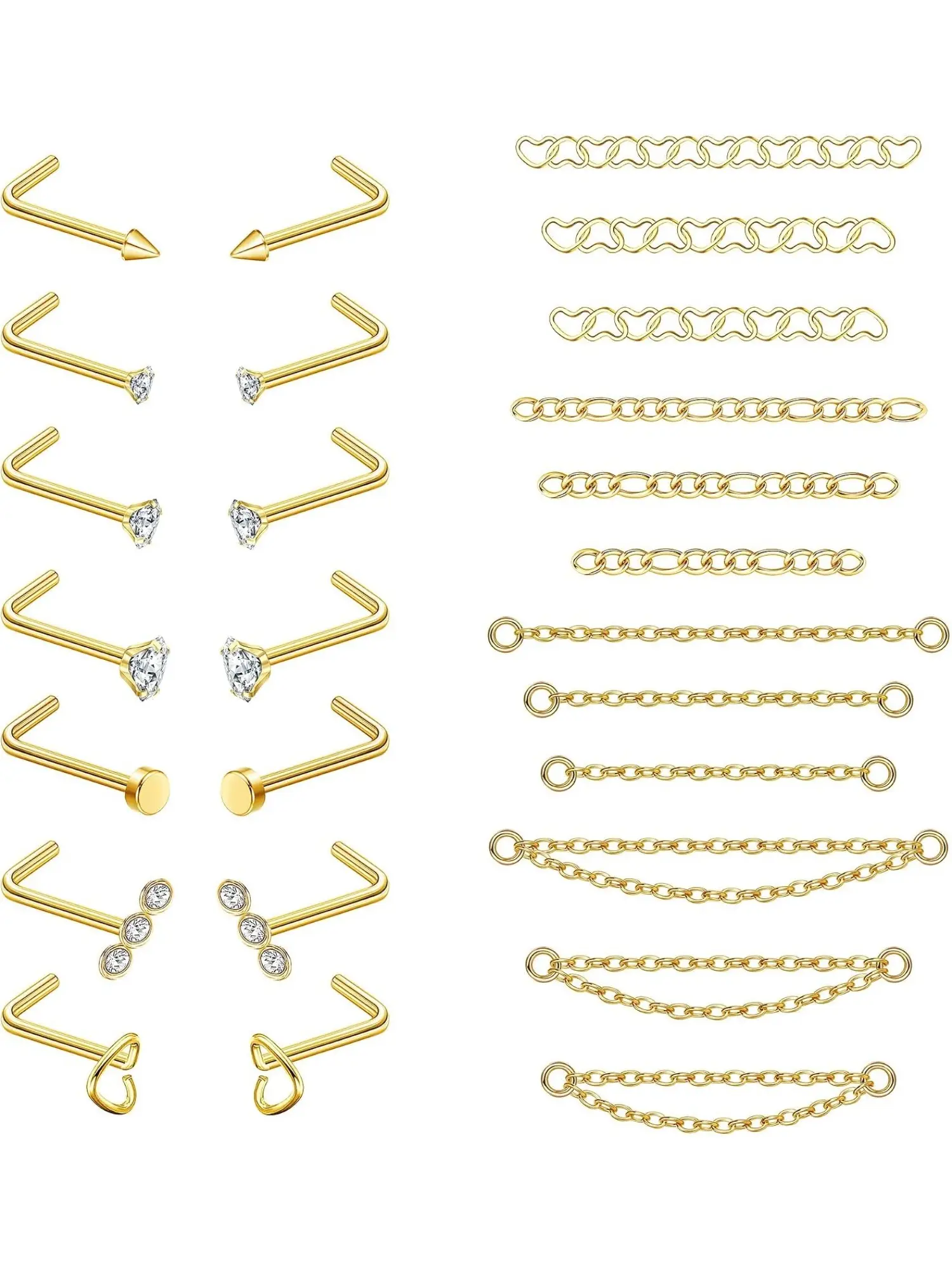 26Pcs Unisex 20G Surgical Steel Nose Piercing Bundle, Gold Silver CZ Inlaid Nose Studs & Connected Nose Chains For Double Nostril Piercings, Nose Jewelry