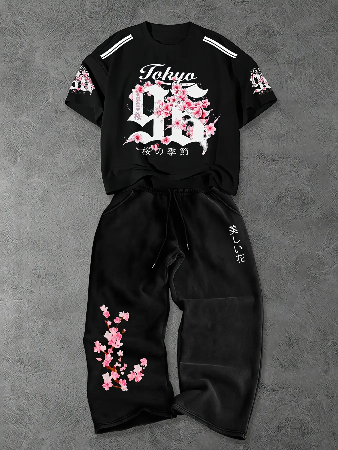 Y2K Men's Tokyo Cherry Blossom Print Two-Piece Set, Loose Short Sleeve T-Shirt + Drawstring Wide Leg Pants, Casual Streetwear