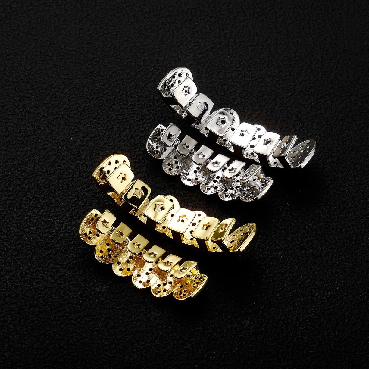 2PCS Set Halloween Gold Plated Iced Out Tooth Grillz VVS Moissanite Top Bottom Hip Hop Rapper Mouth Jewelry Streetwear Costume Trendy Gift