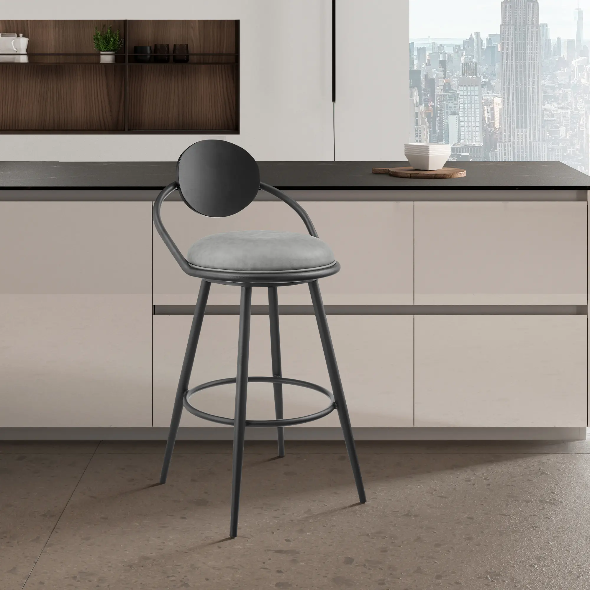 ARCH 26-Inch Swivel Counter Stool with Black Iron Frame, Vintage Gray Faux Leather Seat, Black Wood Back, Adjustable Height Bar Stool for Kitchen Island, Home Bar, Dining Room, Pub, Restaurant, Indoor Seating Furniture, Home Furniture and Household