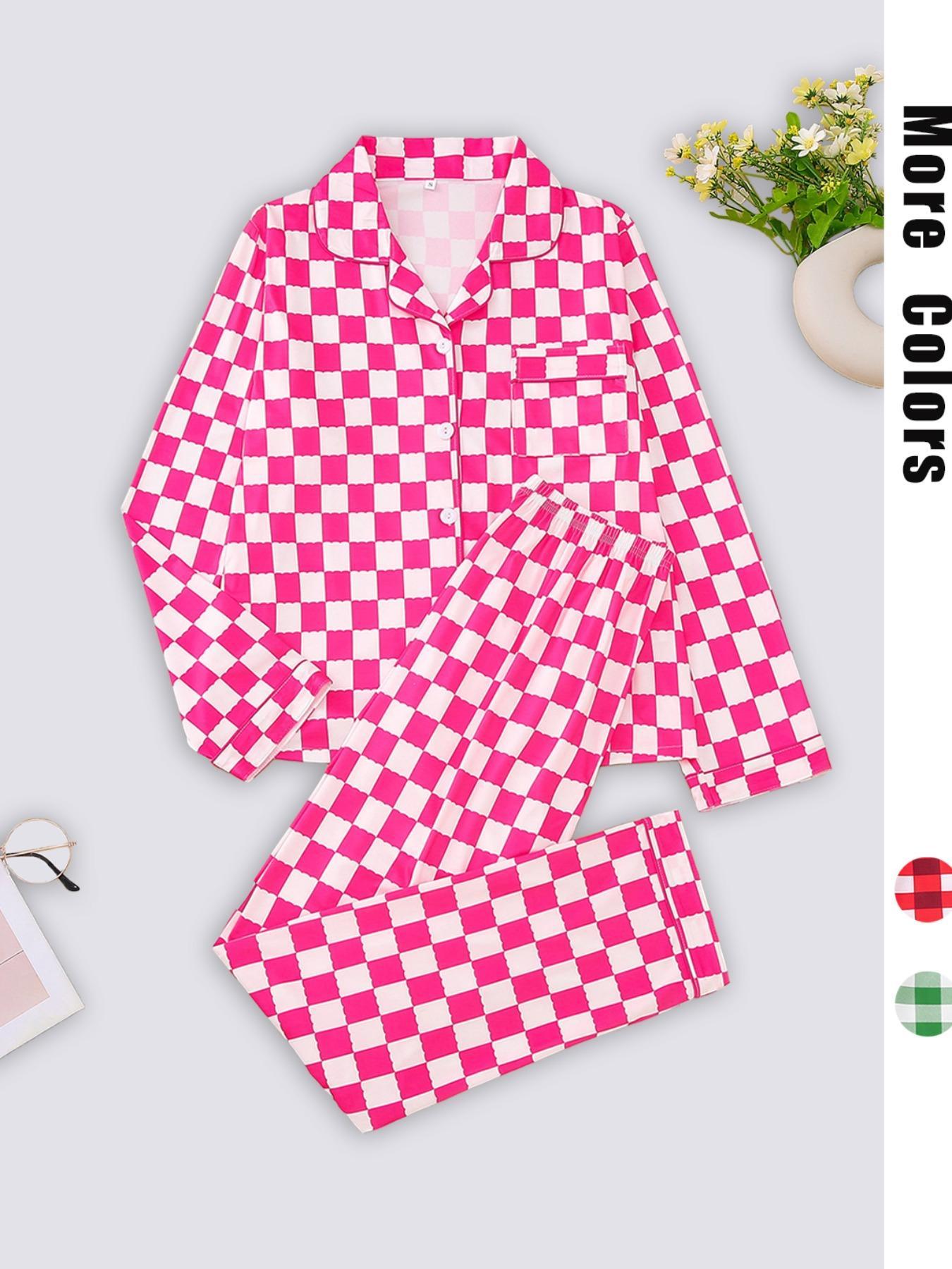 Women's Plaid Print Lapel Neck Button Front Top & Pants Pajama Two-piece Set, Elegant Comfy Long Sleeve Top & Pants Pj Set, Ladies Sleepwear for Spring & Fall, Casual Sleepwear Set