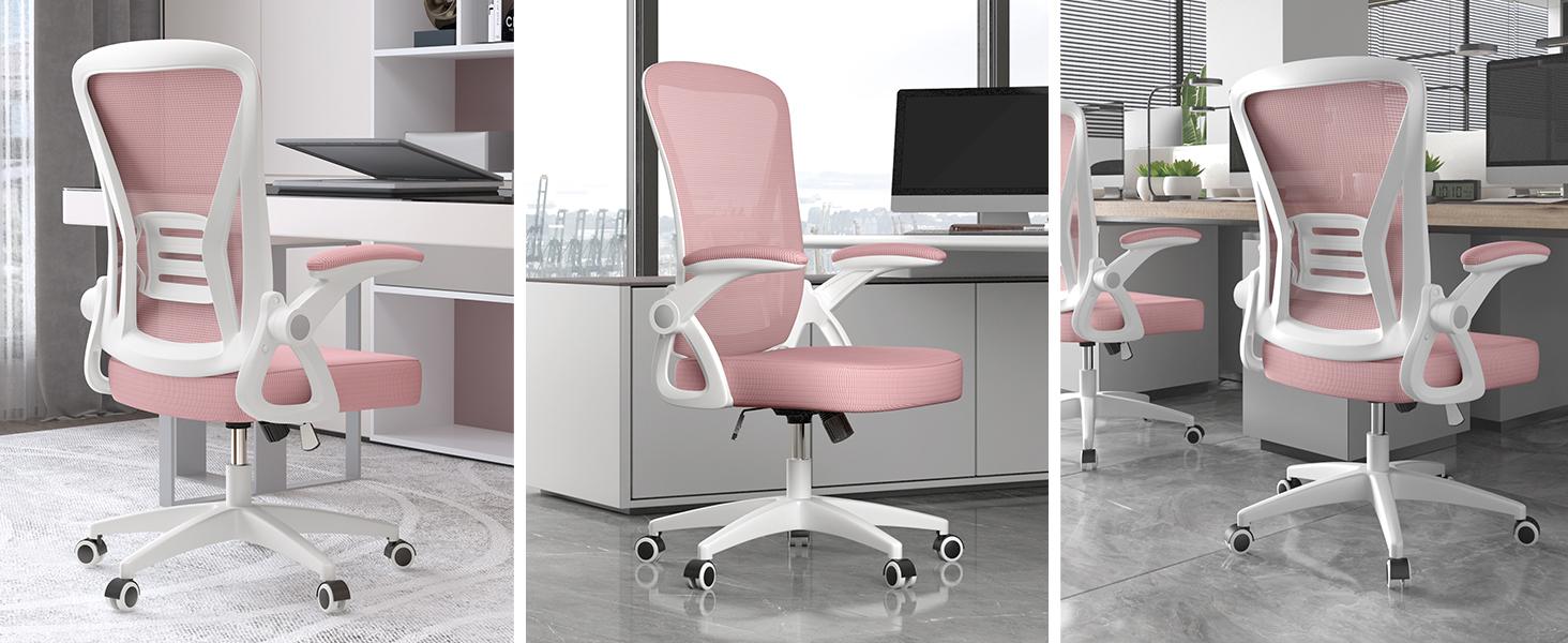 Ergonomic Office Chair, Computer Chair with Adjustable Height, Flip-Up Arms and Lumbar Support, Breathable Mesh Desk Chair for Home Study Working (Without Headrest, Pink)