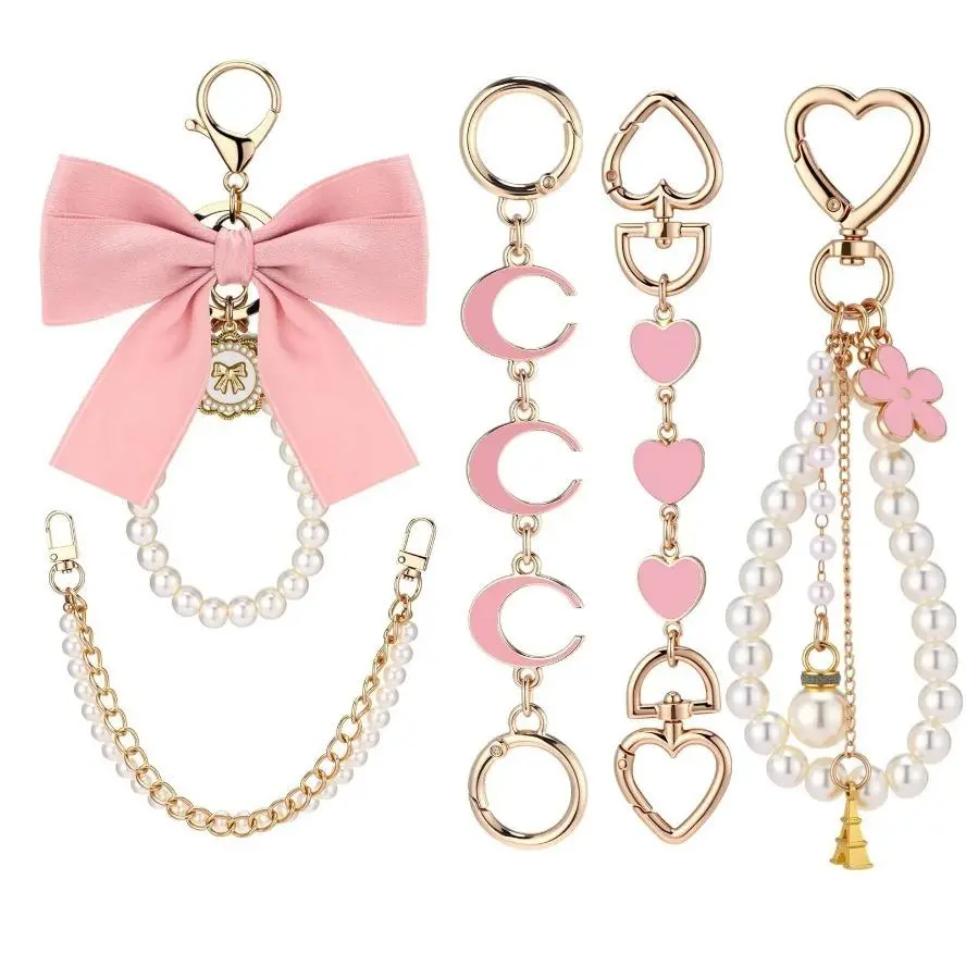 5Pcs Gold Pearl Bag Extender Chain with Bow, Decorative Purse Strap Charms, Stylish Handbag Decoration Accessory for DIY Bag Upgrade & Daily Fashion Styling